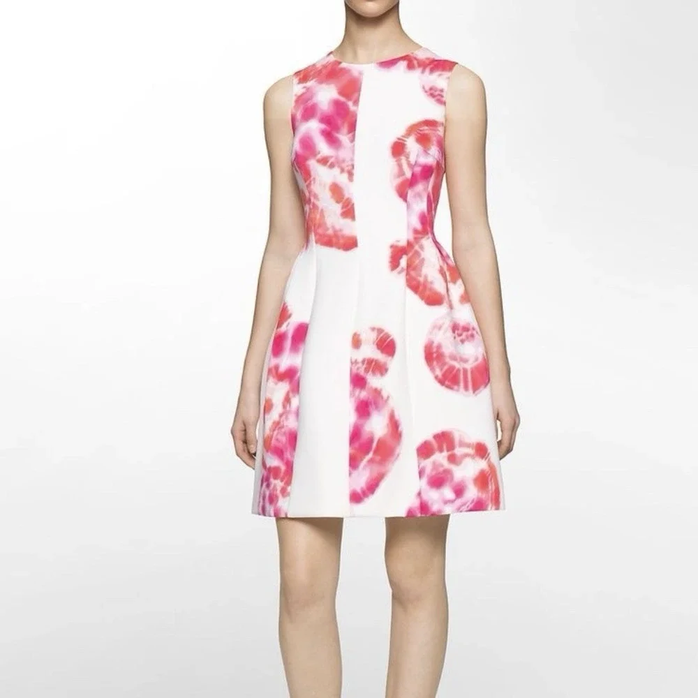 Calvin Klein Pink Tie Dye Floral Scuba Knit‎ Sleeveless Flare Dress Pockets 14